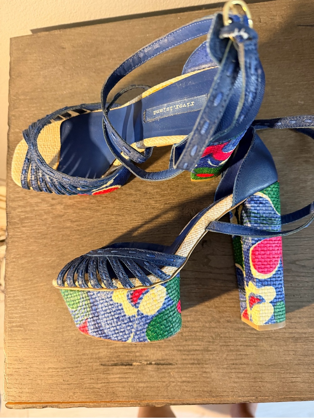 River Island Blue Strappy Platform Sandals with Multicolor Floral Heels sz 38